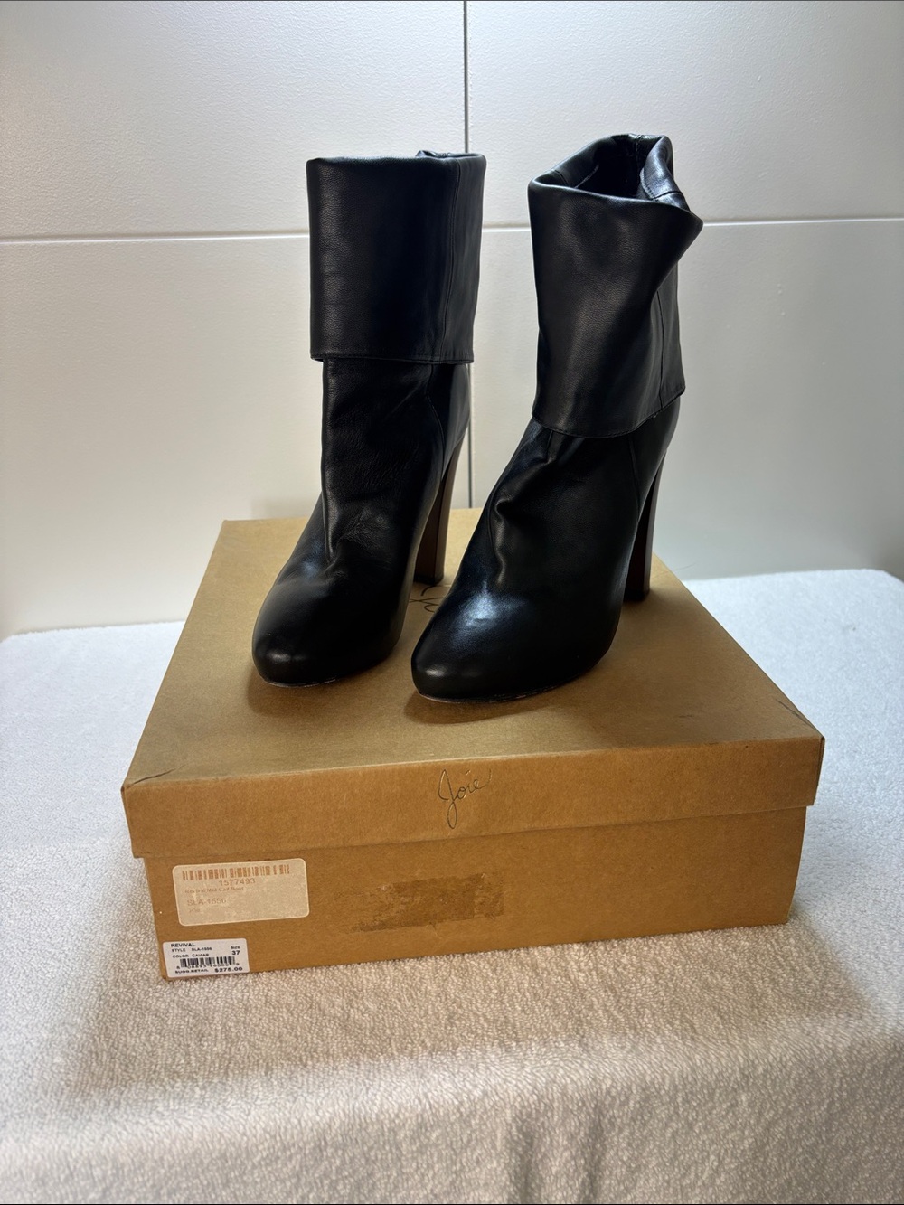 Joie Black Fold-Over Leather High Heel Ankle Boots